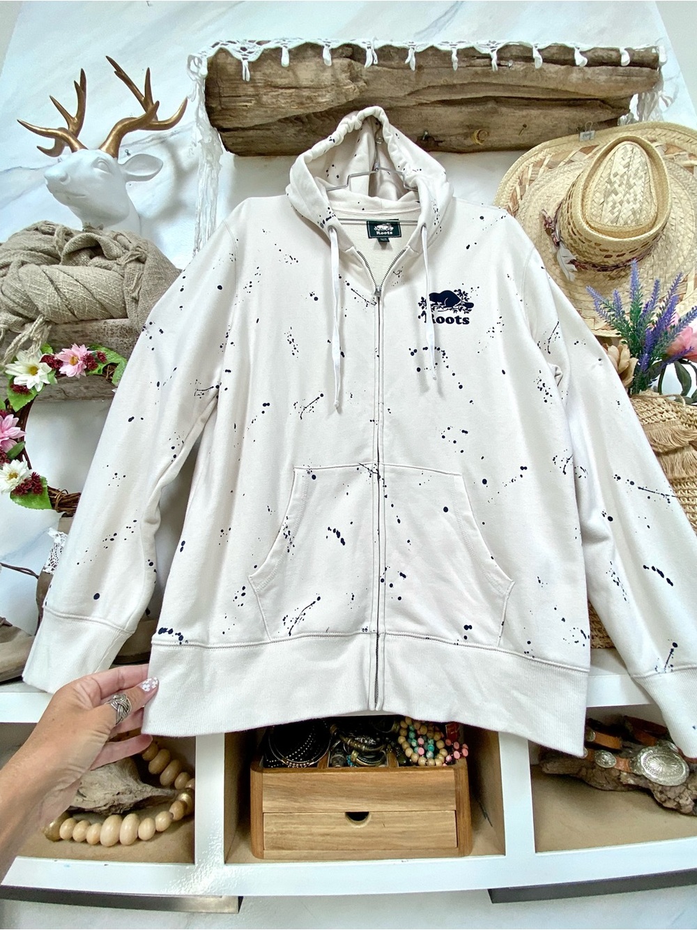 ROOTS Artisan paint splatter full zip kanga hoody cottagecore cabin vacay vibe - Picture 7 of 16